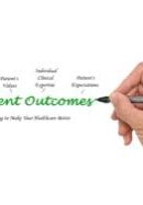 Hand writing 'Patient Outcomes' with healthcare-related terms around it.